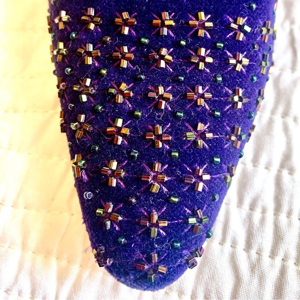NINA KITTEN MULES, Royal purple beaded fabric, Size 6.5 M
